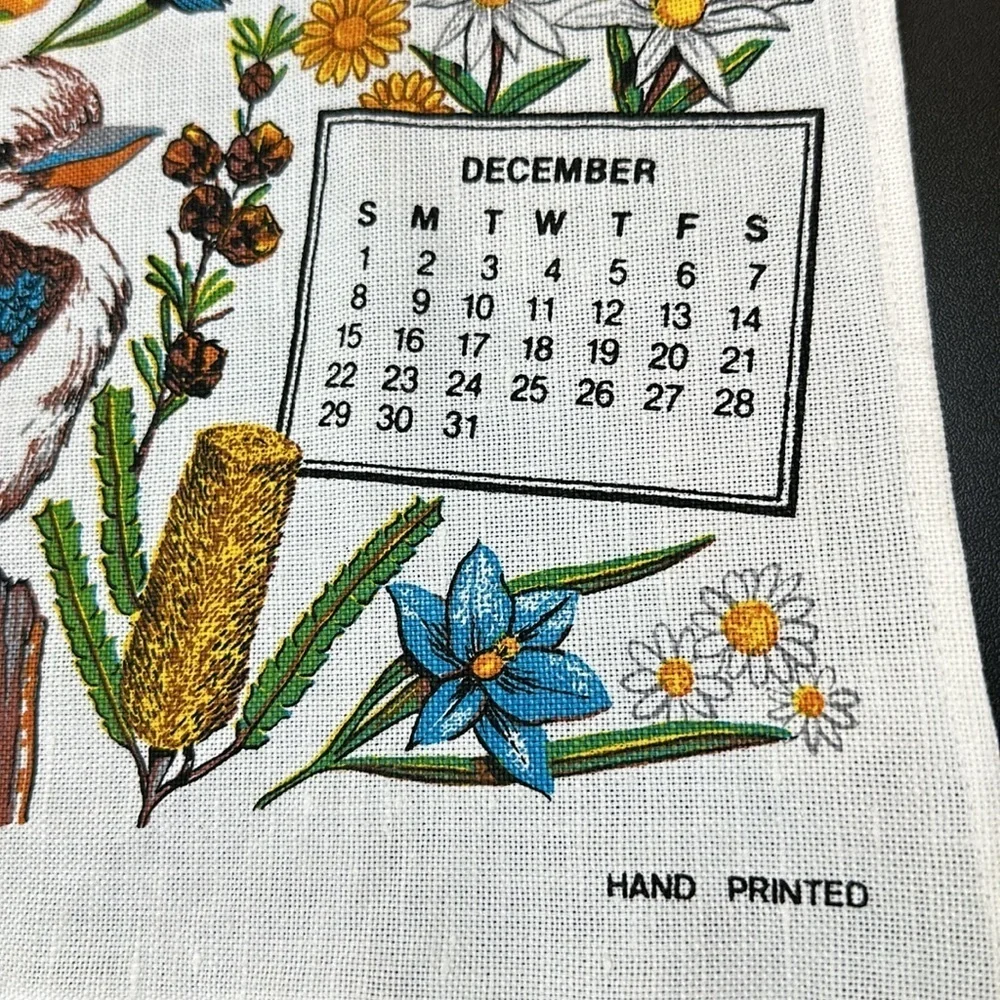 Australia 90s Kitchen Calendar Tea Towel Linen Blend Koala Kangaroo Parrot‎ 1991